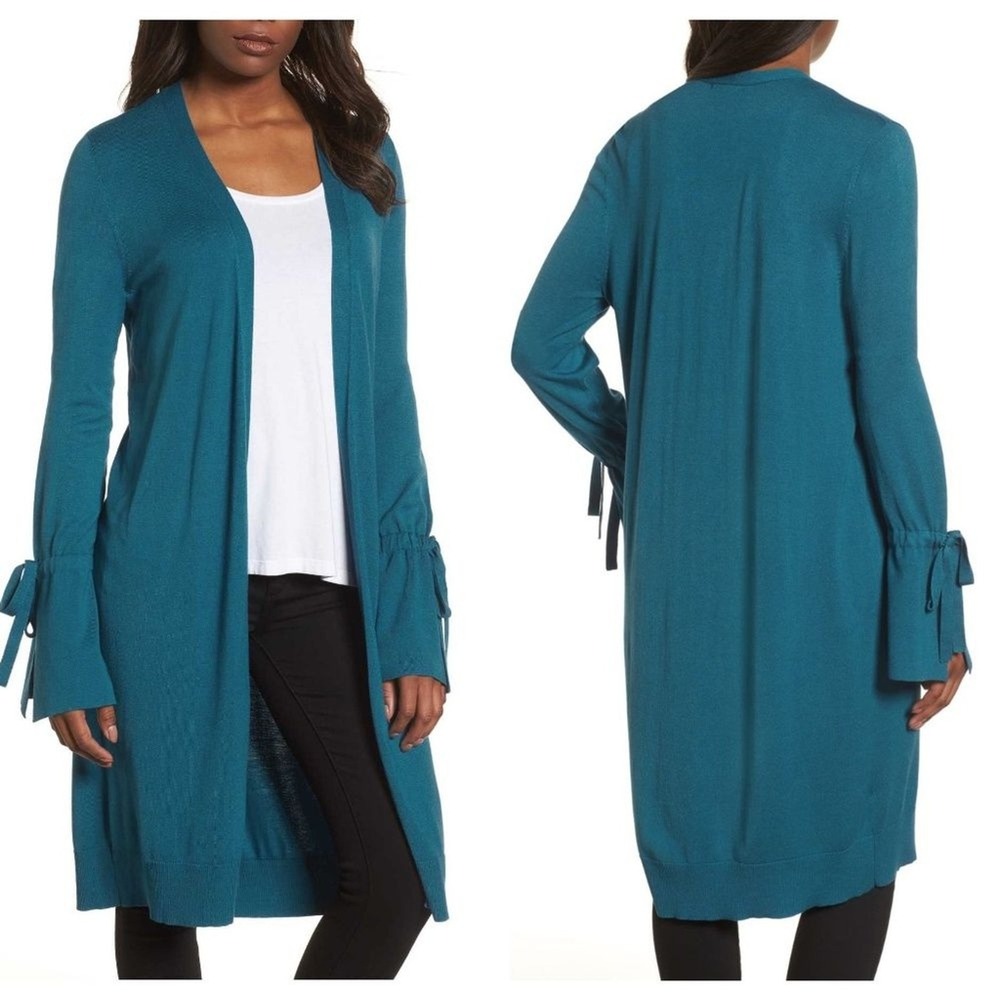 Halogen Teal Lightweight Tie Sleeve Open Midi Cardigan Small